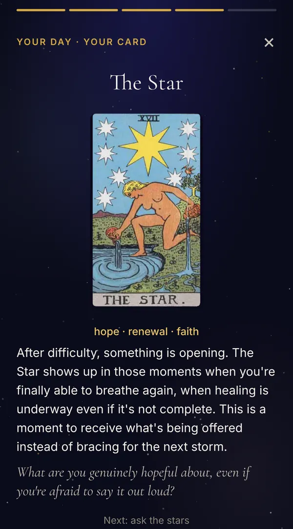 Daily tarot card, The Star, with its meaning for the day